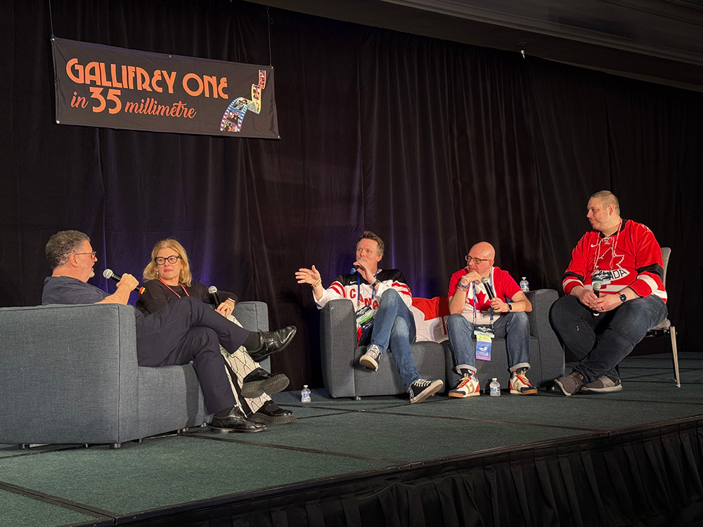 The hosts of Radio Free Skaro interviewing Julie Gardner and Steven Moffat at the Gallifrey One convention in 2025.